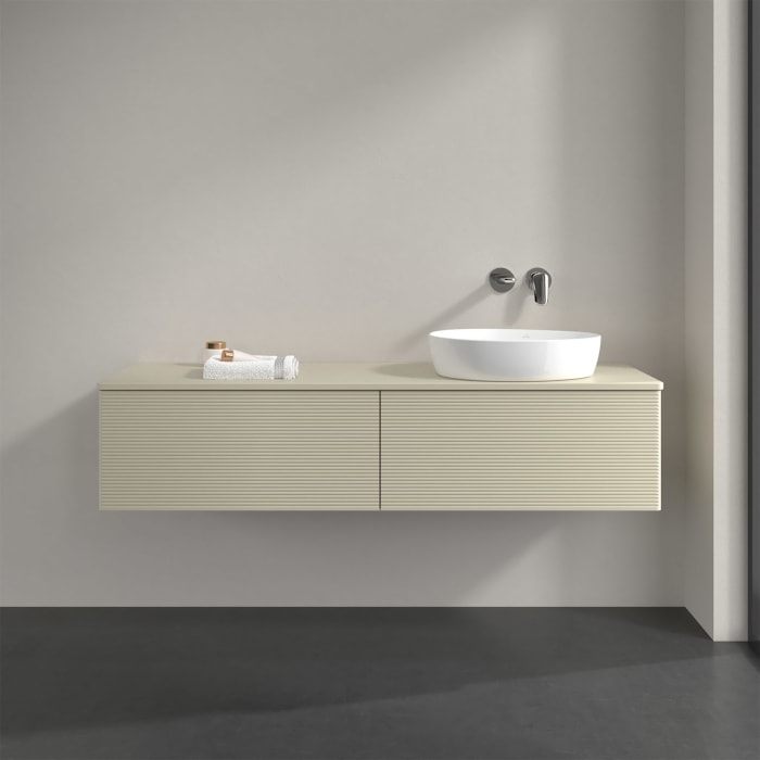 Villeroy & Boch Antao Waschbeckenunterschrank, 160 x 36 cm, 2 Auszüge, Front mit Struktur, ohne Hahnloch, für Waschtisch rechts