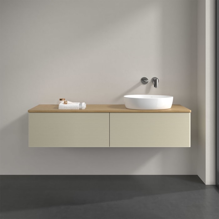 Villeroy & Boch Antao Waschbeckenunterschrank, 160 x 36 cm, 2 Auszüge, Front mit Struktur, ohne Hahnloch, für Waschtisch rechts