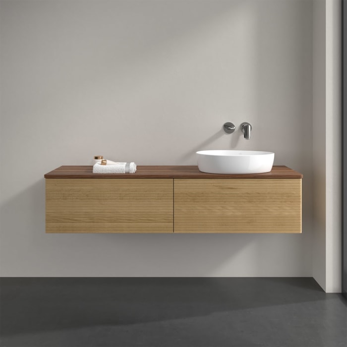 Villeroy & Boch Antao Waschbeckenunterschrank, 160 x 36 cm, 2 Auszüge, Front mit Struktur, ohne Hahnloch, für Waschtisch rechts