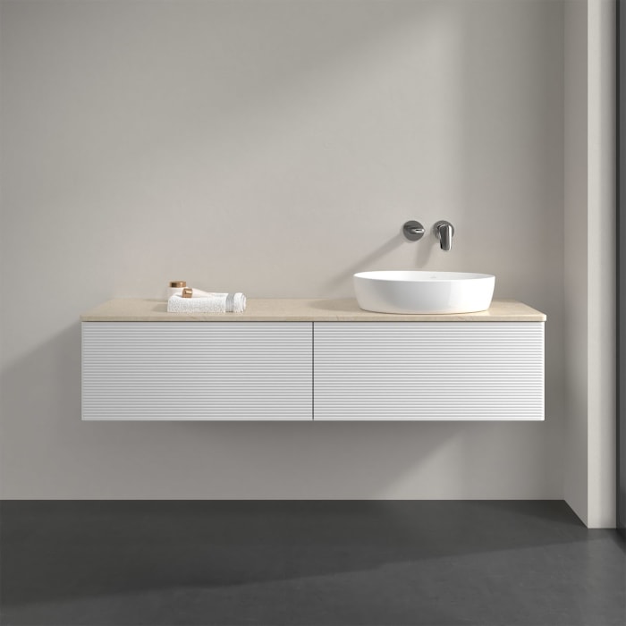 Villeroy & Boch Antao Waschbeckenunterschrank, 160 x 36 cm, 2 Auszüge, Front mit Struktur, ohne Hahnloch, für Waschtisch rechts
