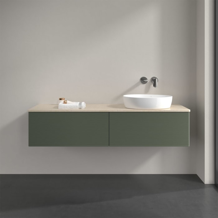 Villeroy & Boch Antao Waschbeckenunterschrank, 160 x 36 cm, 2 Auszüge, Front mit Struktur, ohne Hahnloch, für Waschtisch rechts