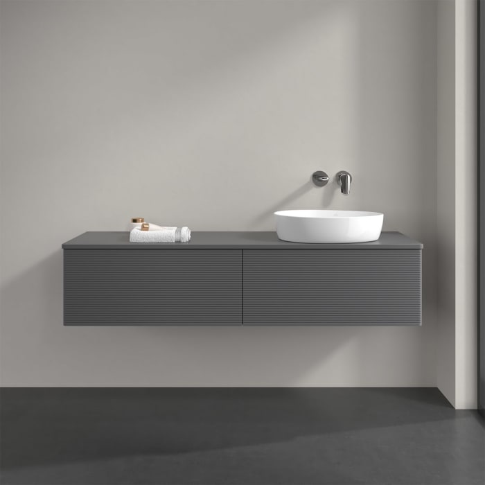 Villeroy & Boch Antao Waschbeckenunterschrank, 160 x 36 cm, 2 Auszüge, Front mit Struktur, mit Hahnloch, für Waschtisch rechts