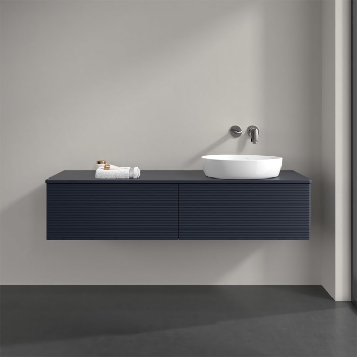 Villeroy & Boch Antao Waschbeckenunterschrank, 160 x 36 cm, 2 Auszüge, Front mit Struktur, mit Hahnloch, für Waschtisch rechts