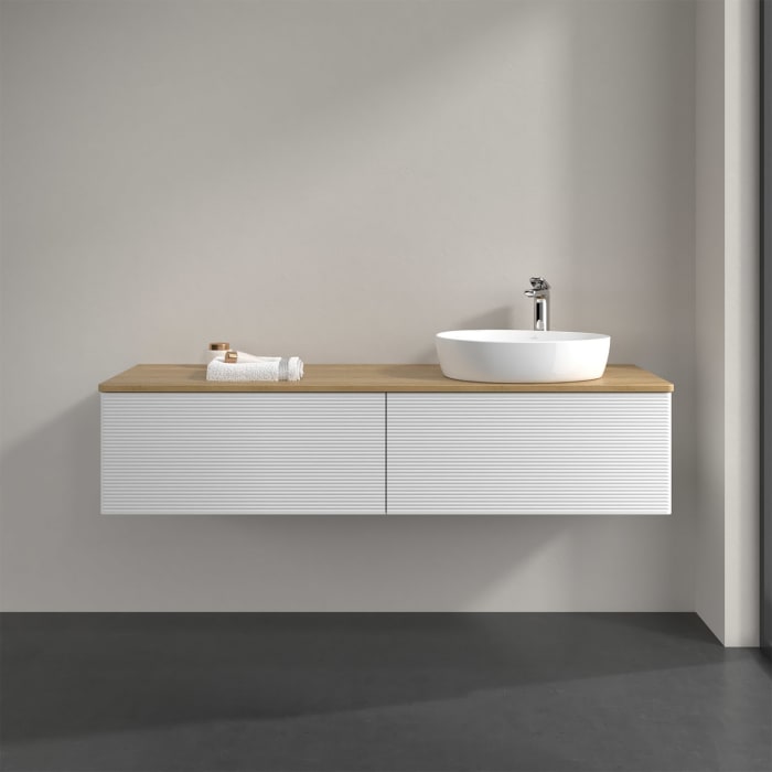 Villeroy & Boch Antao Waschbeckenunterschrank, 160 x 36 cm, 2 Auszüge, Front mit Struktur, mit Hahnloch, für Waschtisch rechts