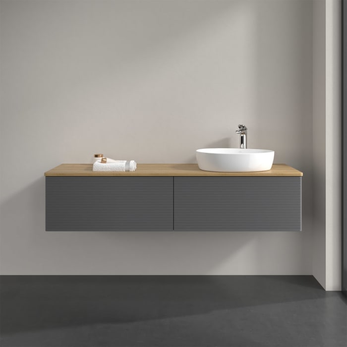 Villeroy & Boch Antao Waschbeckenunterschrank, 160 x 36 cm, 2 Auszüge, Front mit Struktur, mit Hahnloch, für Waschtisch rechts