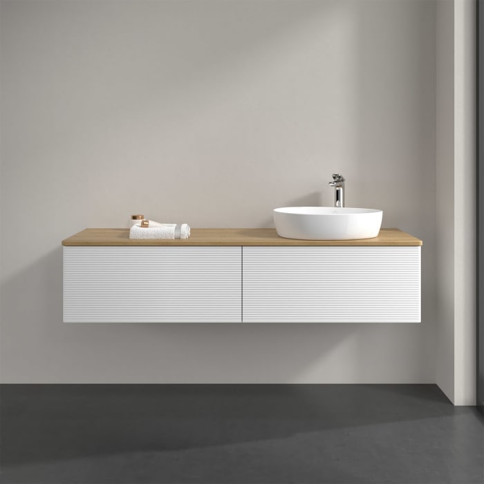 Villeroy & Boch Antao Waschbeckenunterschrank, 160 x 36 cm, 2 Auszüge, Front mit Struktur, mit Hahnloch, für Waschtisch rechts