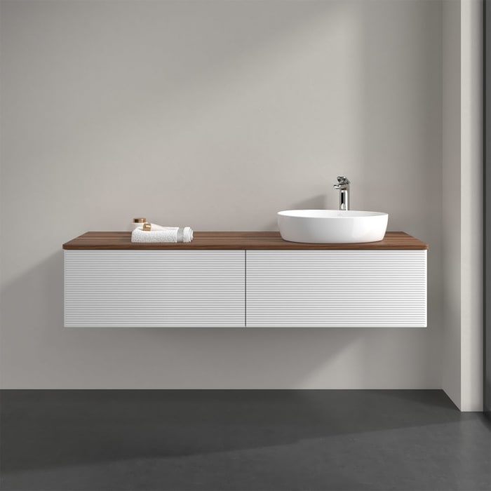 Villeroy & Boch Antao Waschbeckenunterschrank, 160 x 36 cm, 2 Auszüge, Front mit Struktur, mit Hahnloch, für Waschtisch rechts