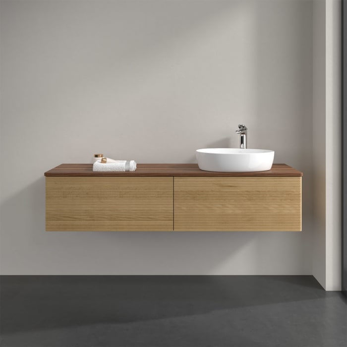 Villeroy & Boch Antao Waschbeckenunterschrank, 160 x 36 cm, 2 Auszüge, Front mit Struktur, mit Hahnloch, für Waschtisch rechts