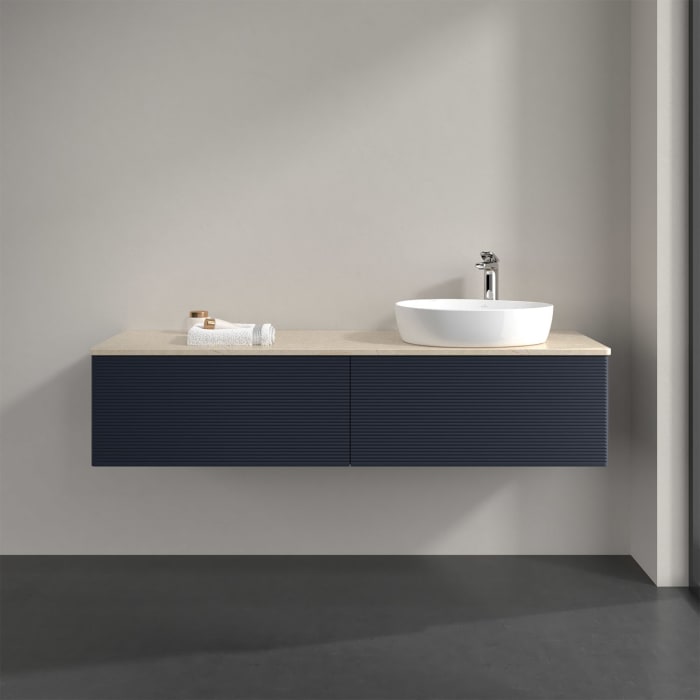 Villeroy & Boch Antao Waschbeckenunterschrank, 160 x 36 cm, 2 Auszüge, Front mit Struktur, mit Hahnloch, für Waschtisch rechts