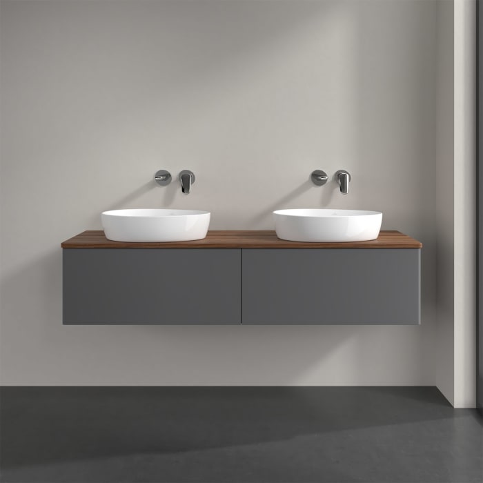 Villeroy & Boch Antao Waschbeckenunterschrank, 160 x 36 cm, 2 Auszüge, Front ohne Struktur, ohne Hahnloch, für Waschtisch links und rechts