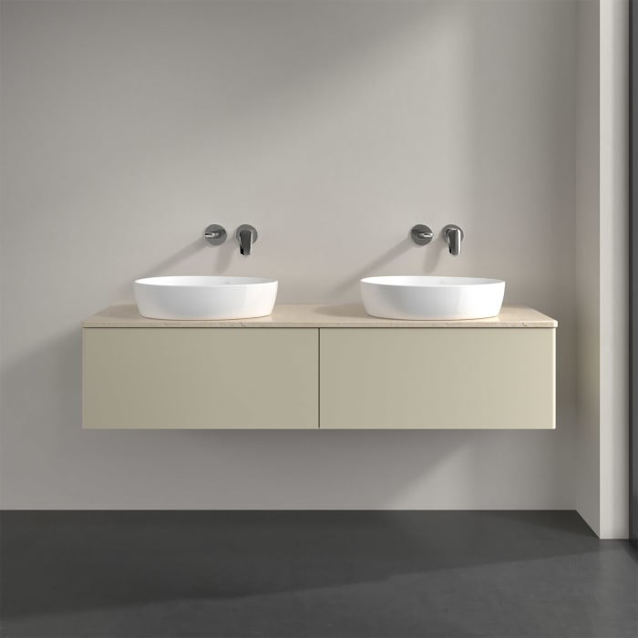 Villeroy & Boch Antao Waschbeckenunterschrank, 160 x 36 cm, 2 Auszüge, Front ohne Struktur, ohne Hahnloch, für Waschtisch links und rechts