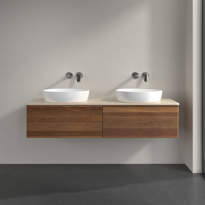 Villeroy & Boch Antao Waschbeckenunterschrank, 160 x 36 cm, 2 Auszüge, Front ohne Struktur, ohne Hahnloch, für Waschtisch links und rechts