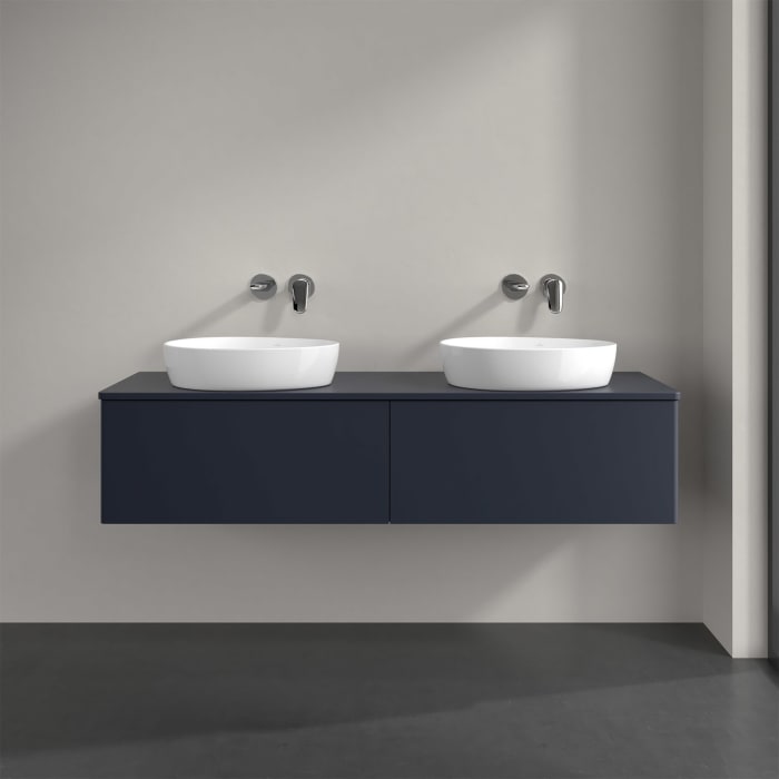 Villeroy & Boch Antao Waschbeckenunterschrank, 160 x 36 cm, 2 Auszüge, Front ohne Struktur, mit Hahnloch, für Waschtisch links und rechts