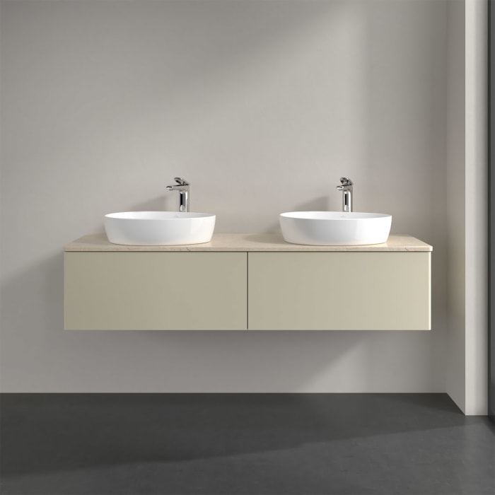 Villeroy & Boch Antao Waschbeckenunterschrank, 160 x 36 cm, 2 Auszüge, Front ohne Struktur, mit Hahnloch, für Waschtisch links und rechts