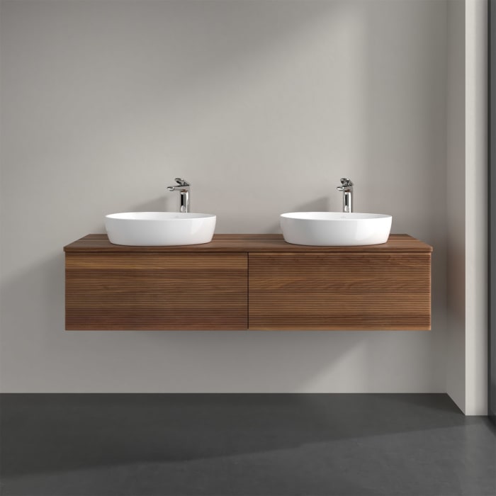 Villeroy & Boch Antao Waschbeckenunterschrank, 160 x 36 cm, 2 Auszüge, Front mit Struktur, mit Hahnloch, für Waschtisch links und rechts