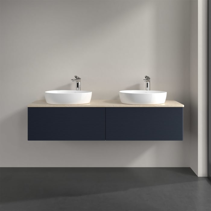 Villeroy & Boch Antao Waschbeckenunterschrank, 160 x 36 cm, 2 Auszüge, Front mit Struktur, mit Hahnloch, für Waschtisch links und rechts