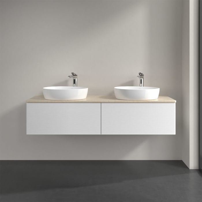 Villeroy & Boch Antao Waschbeckenunterschrank, 160 x 36 cm, 2 Auszüge, Front mit Struktur, mit Hahnloch, für Waschtisch links und rechts