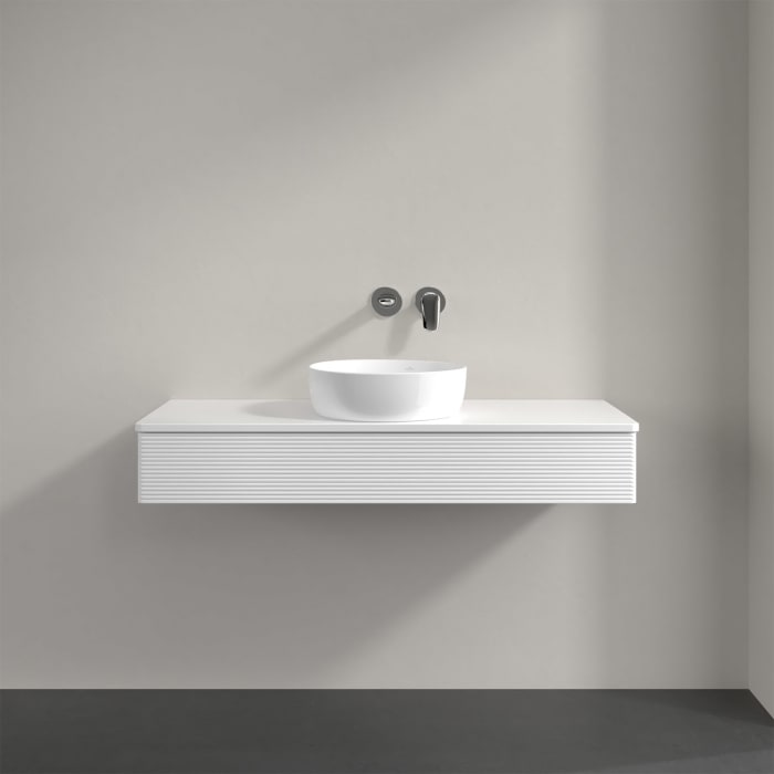 Villeroy & Boch Antao Waschbeckenunterschrank, 120 x 19 cm, 1 Auszug mit LED-Licht, Front mit Struktur, mit Hahnloch, für Waschtisch mittig