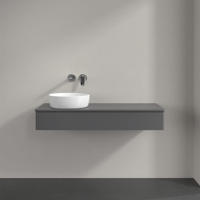 Villeroy & Boch Antao Waschbeckenunterschrank, 120 x 19 cm, 1 Auszug mit LED-Licht, Front ohne Struktur, mit Hahnloch, für Waschtisch links