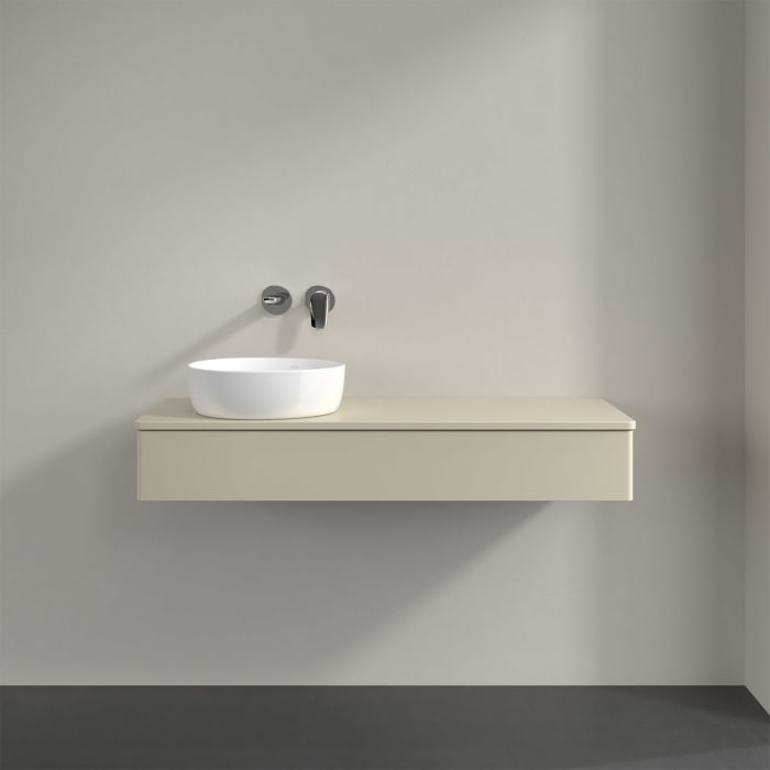 Villeroy & Boch Antao Waschbeckenunterschrank, 120 x 19 cm, 1 Auszug mit LED-Licht, Front ohne Struktur, mit Hahnloch, für Waschtisch links