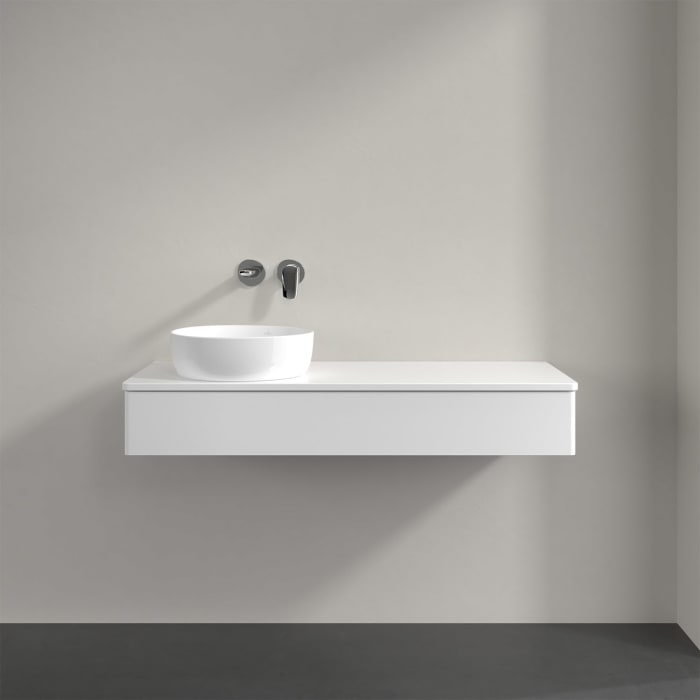 Villeroy & Boch Antao Waschbeckenunterschrank, 120 x 19 cm, 1 Auszug mit LED-Licht, Front ohne Struktur, mit Hahnloch, für Waschtisch links