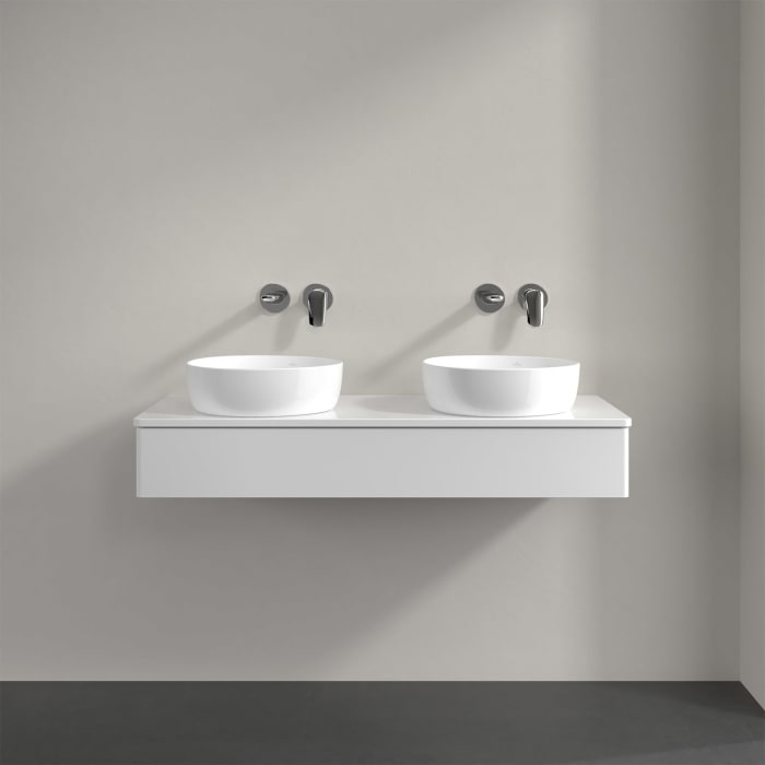 Villeroy & Boch Antao Waschbeckenunterschrank, 120 x 19 cm, 1 Auszug mit LED-Licht, Front ohne Struktur, mit Hahnloch, für Waschtisch links und rechts