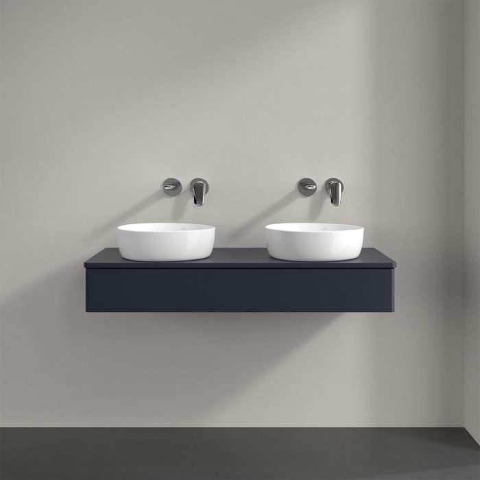 Villeroy & Boch Antao Waschbeckenunterschrank, 120 x 19 cm, 1 Auszug mit LED-Licht, Front ohne Struktur, mit Hahnloch, für Waschtisch links und rechts