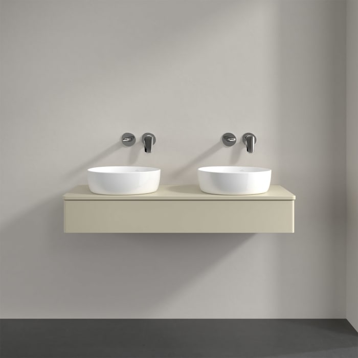 Villeroy & Boch Antao Waschbeckenunterschrank, 120 x 19 cm, 1 Auszug mit LED-Licht, Front ohne Struktur, mit Hahnloch, für Waschtisch links und rechts