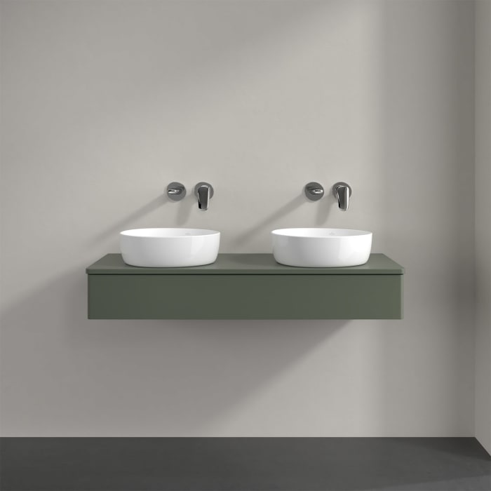 Villeroy & Boch Antao Waschbeckenunterschrank, 120 x 19 cm, 1 Auszug mit LED-Licht, Front ohne Struktur, mit Hahnloch, für Waschtisch links und rechts