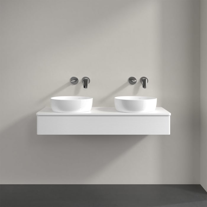 Villeroy & Boch Antao Waschbeckenunterschrank, 120 x 19 cm, 1 Auszug mit LED-Licht, Front mit Struktur, mit Hahnloch, für Waschtisch links und rechts