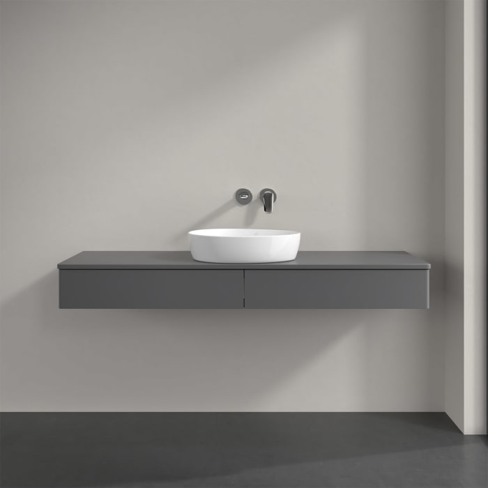 Villeroy & Boch Antao Waschbeckenunterschrank, 160 x 19 cm, 2 Auszüge mit LED-Licht, Front ohne Struktur, mit Hahnloch, für Waschtisch mittig