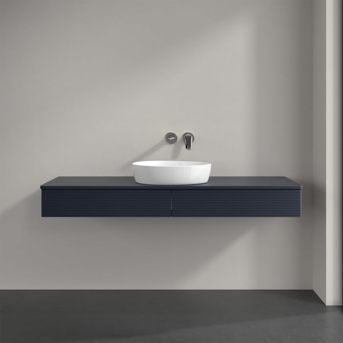 Villeroy & Boch Antao Waschbeckenunterschrank, 160 x 19 cm, 2 Auszüge mit LED-Licht, Front mit Struktur, mit Hahnloch, für Waschtisch mittig