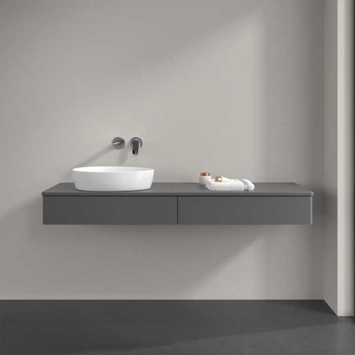 Villeroy & Boch Antao Waschbeckenunterschrank, 160 x 19 cm, 2 Auszüge mit LED-Licht, Front ohne Struktur, mit Hahnloch, für Waschtisch links