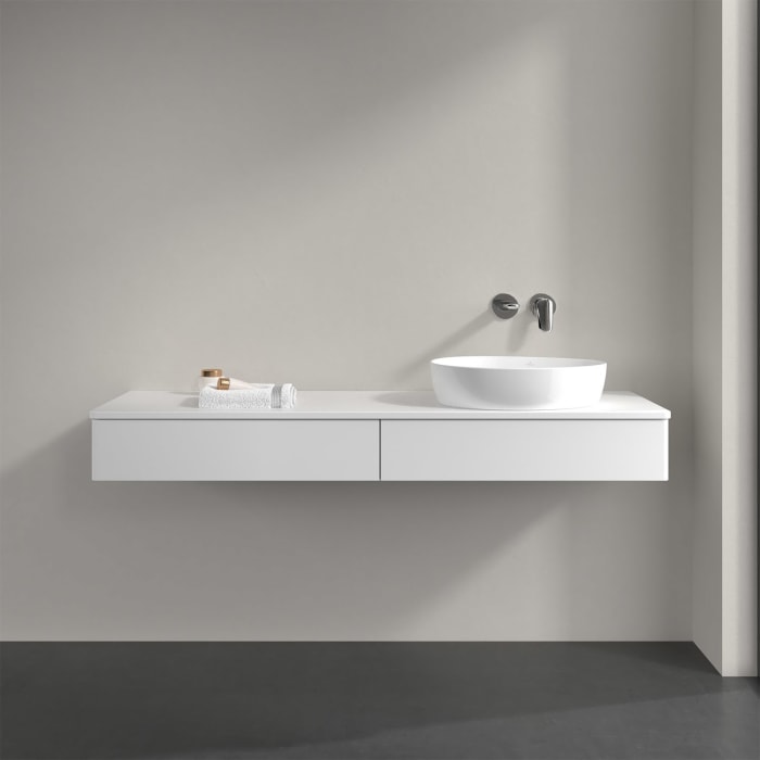 Villeroy & Boch Antao Waschbeckenunterschrank, 160 x 19 cm, 2 Auszüge mit LED-Licht, Front ohne Struktur, ohne Hahnloch, für Waschtisch rechts
