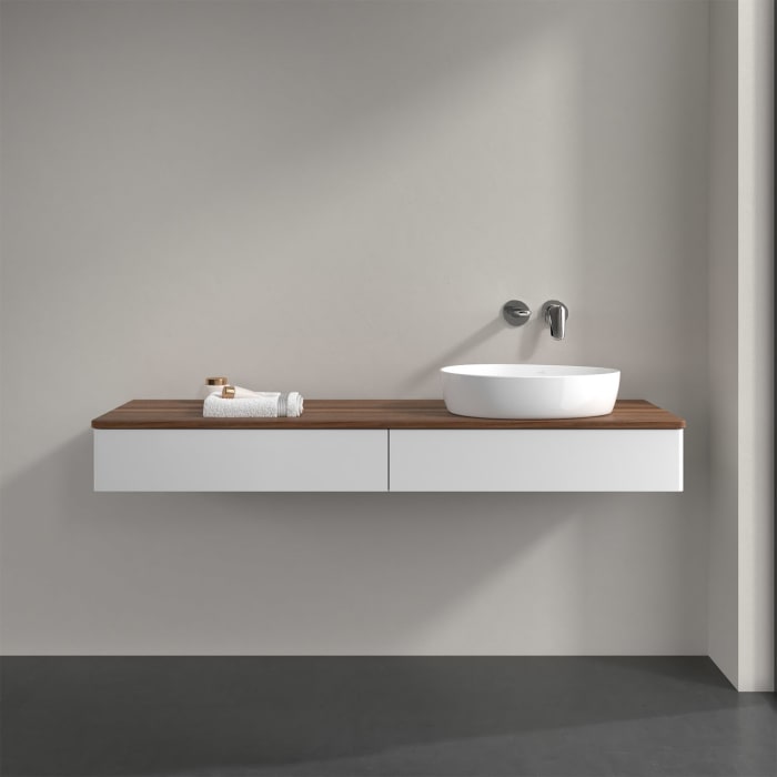 Villeroy & Boch Antao Waschbeckenunterschrank, 160 x 19 cm, 2 Auszüge mit LED-Licht, Front ohne Struktur, ohne Hahnloch, für Waschtisch rechts