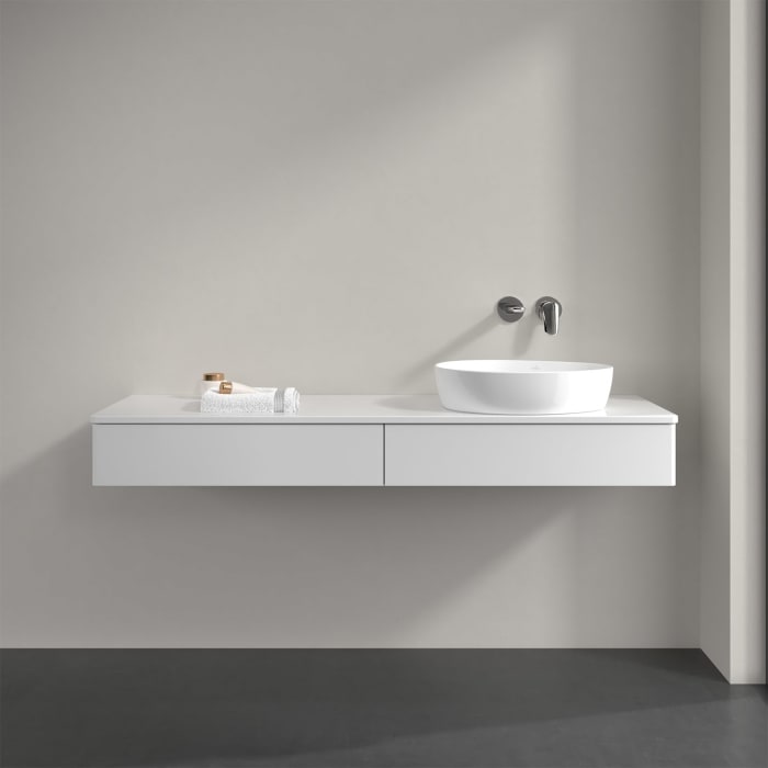 Villeroy & Boch Antao Waschbeckenunterschrank, 160 x 19 cm, 2 Auszüge mit LED-Licht, Front ohne Struktur, mit Hahnloch, für Waschtisch rechts