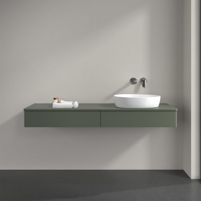 Villeroy & Boch Antao Waschbeckenunterschrank, 160 x 19 cm, 2 Auszüge mit LED-Licht, Front ohne Struktur, mit Hahnloch, für Waschtisch rechts