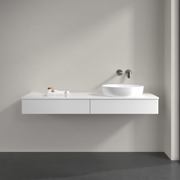 Villeroy & Boch Antao Waschbeckenunterschrank, 160 x 19 cm, 2 Auszüge mit LED-Licht, Front ohne Struktur, mit Hahnloch, für Waschtisch rechts