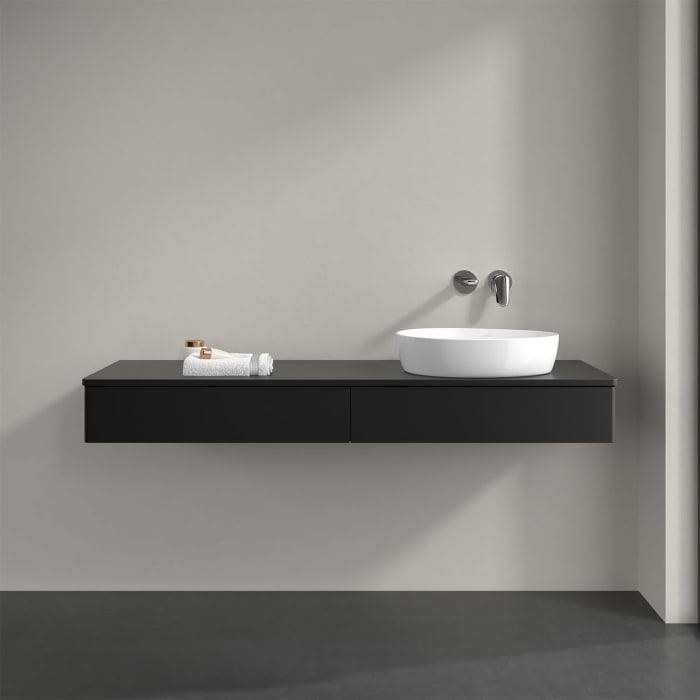 Villeroy & Boch Antao Waschbeckenunterschrank, 160 x 19 cm, 2 Auszüge mit LED-Licht, Front ohne Struktur, mit Hahnloch, für Waschtisch rechts
