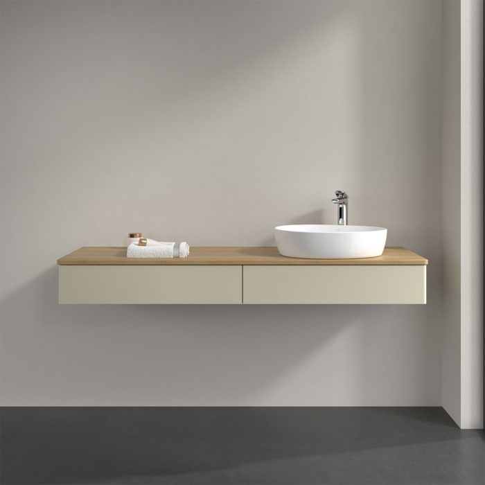 Villeroy & Boch Antao Waschbeckenunterschrank, 160 x 19 cm, 2 Auszüge mit LED-Licht, Front ohne Struktur, mit Hahnloch, für Waschtisch rechts