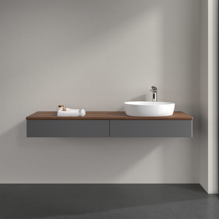 Villeroy & Boch Antao Waschbeckenunterschrank, 160 x 19 cm, 2 Auszüge mit LED-Licht, Front ohne Struktur, mit Hahnloch, für Waschtisch rechts
