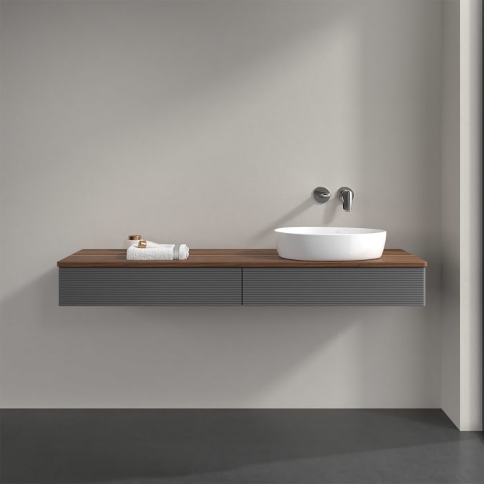 Villeroy & Boch Antao Waschbeckenunterschrank, 160 x 19 cm, 2 Auszüge mit LED-Licht, Front mit Struktur, ohne Hahnloch, für Waschtisch rechts