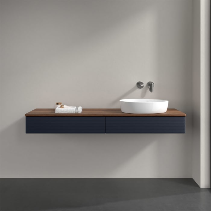 Villeroy & Boch Antao Waschbeckenunterschrank, 160 x 19 cm, 2 Auszüge mit LED-Licht, Front mit Struktur, ohne Hahnloch, für Waschtisch rechts
