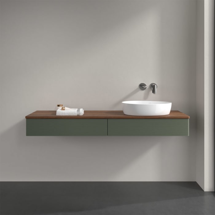 Villeroy & Boch Antao Waschbeckenunterschrank, 160 x 19 cm, 2 Auszüge mit LED-Licht, Front mit Struktur, ohne Hahnloch, für Waschtisch rechts