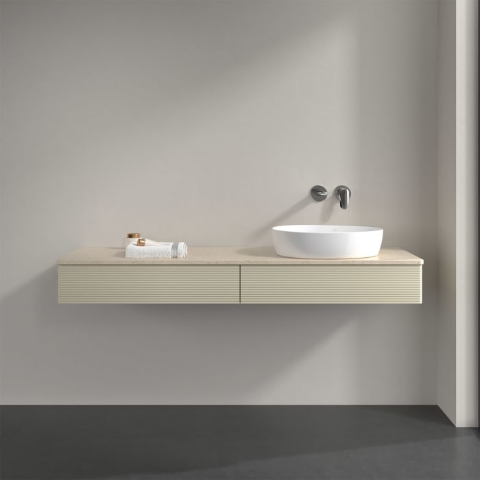 Villeroy & Boch Antao Waschbeckenunterschrank, 160 x 19 cm, 2 Auszüge mit LED-Licht, Front mit Struktur, ohne Hahnloch, für Waschtisch rechts