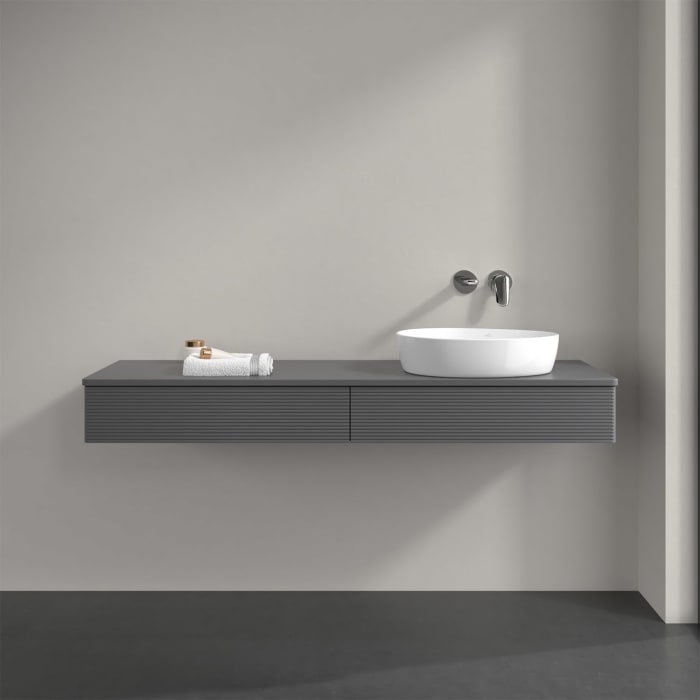 Villeroy & Boch Antao Waschbeckenunterschrank, 160 x 19 cm, 2 Auszüge mit LED-Licht, Front mit Struktur, mit Hahnloch, für Waschtisch rechts