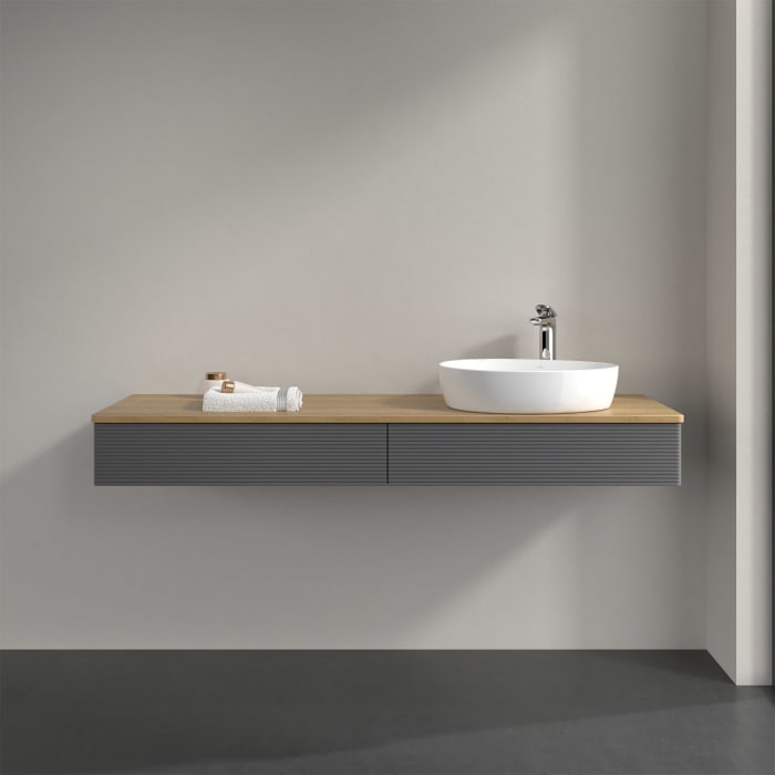 Villeroy & Boch Antao Waschbeckenunterschrank, 160 x 19 cm, 2 Auszüge mit LED-Licht, Front mit Struktur, mit Hahnloch, für Waschtisch rechts