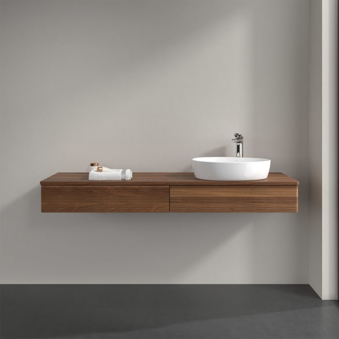 Villeroy & Boch Antao Waschbeckenunterschrank, 160 x 19 cm, 2 Auszüge mit LED-Licht, Front mit Struktur, mit Hahnloch, für Waschtisch rechts