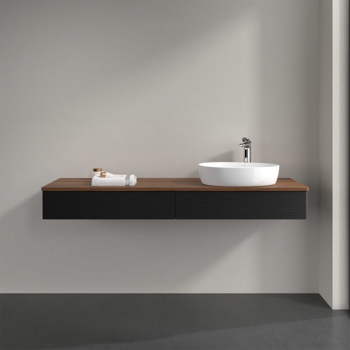 Villeroy & Boch Antao Waschbeckenunterschrank, 160 x 19 cm, 2 Auszüge mit LED-Licht, Front mit Struktur, mit Hahnloch, für Waschtisch rechts