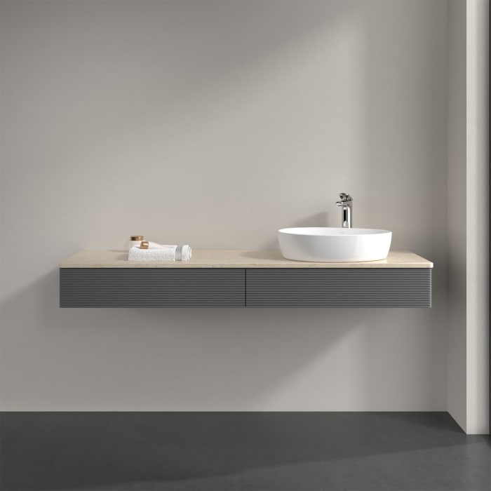 Villeroy & Boch Antao Waschbeckenunterschrank, 160 x 19 cm, 2 Auszüge mit LED-Licht, Front mit Struktur, mit Hahnloch, für Waschtisch rechts